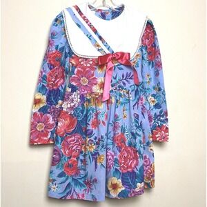Vintage‎ Forever Florals Dress Drop Waist Bow Bib Blue Pink Flowers Girls 7
